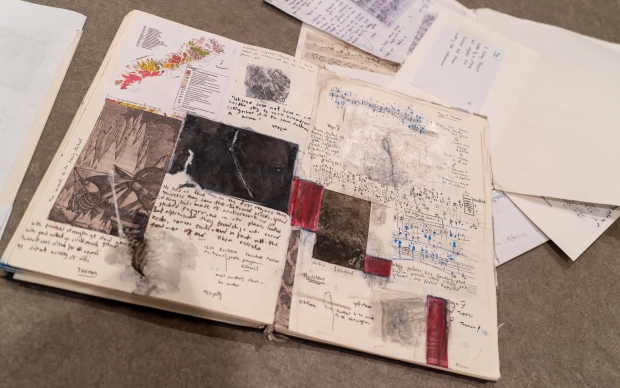 Skærved's thoughts, notes and sheet music on the floor after the concert.