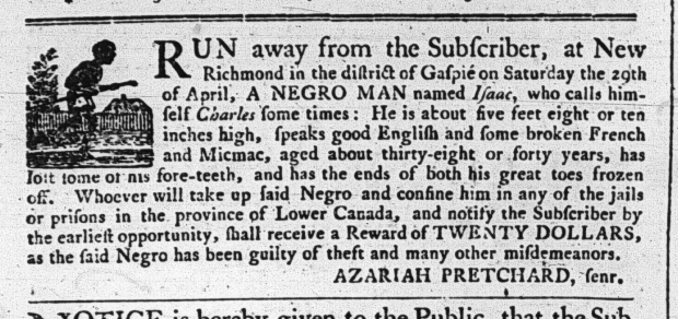 Advertisment for an escaped slave in Quebec Gazette, 22 May 1794